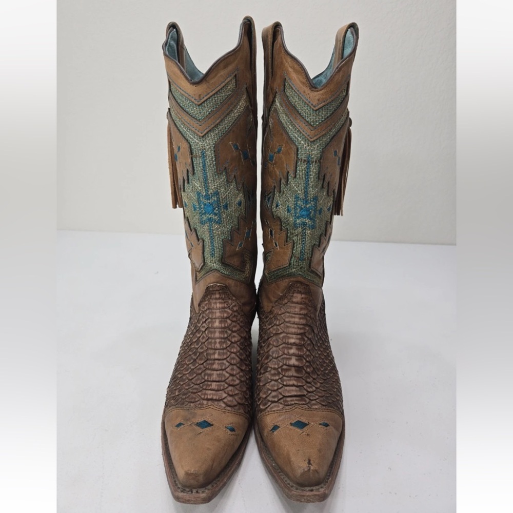 Corral Vintage Boots C2693 Python Aztec Indian Teal Brown Size 8.5M Womens - Picture 5 of 14